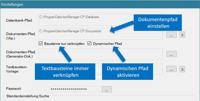 Dynamischer Pfad und verknüpfte Textbausteine