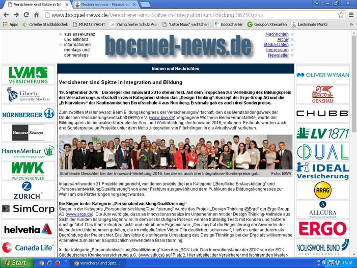 Bocquel_News (Screenshot vom 21.09.2016) - O-Ton im Text: „Finanzchecker" war nicht nur auf Youtube en "Star", sondern auch bei der Innoward-Preisverleihung !!!!! :-)