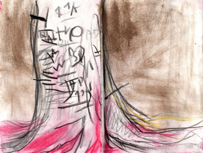PILLNITZ PARK COPPER BEECH / TREE STUMPS / NEAR THE WATER PALACE / CAMELIA Sketchbook 2023 Pastel, crayon, charcoal, pencil, mud, Elbe water on paper