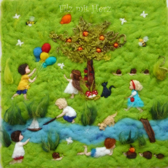 Wimmel-Wollbild "Kinder am Fluß" 50x50cm - Filzbilder Filz mit Herz aus Märchenwolle