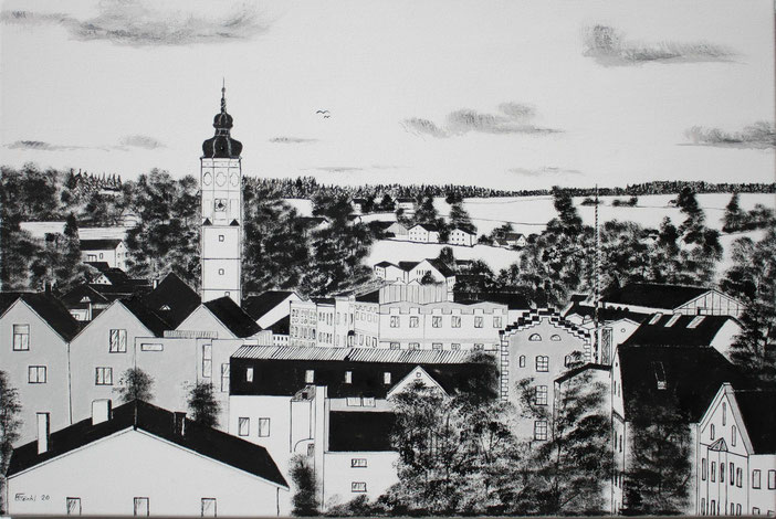 Das Bild zeigt Dorfen vom Schuxenberg aus. Es hat die Nr 54a und ist mit Ölfarben auf Leinwand gemalt. Das Format ist 60x40cm.
