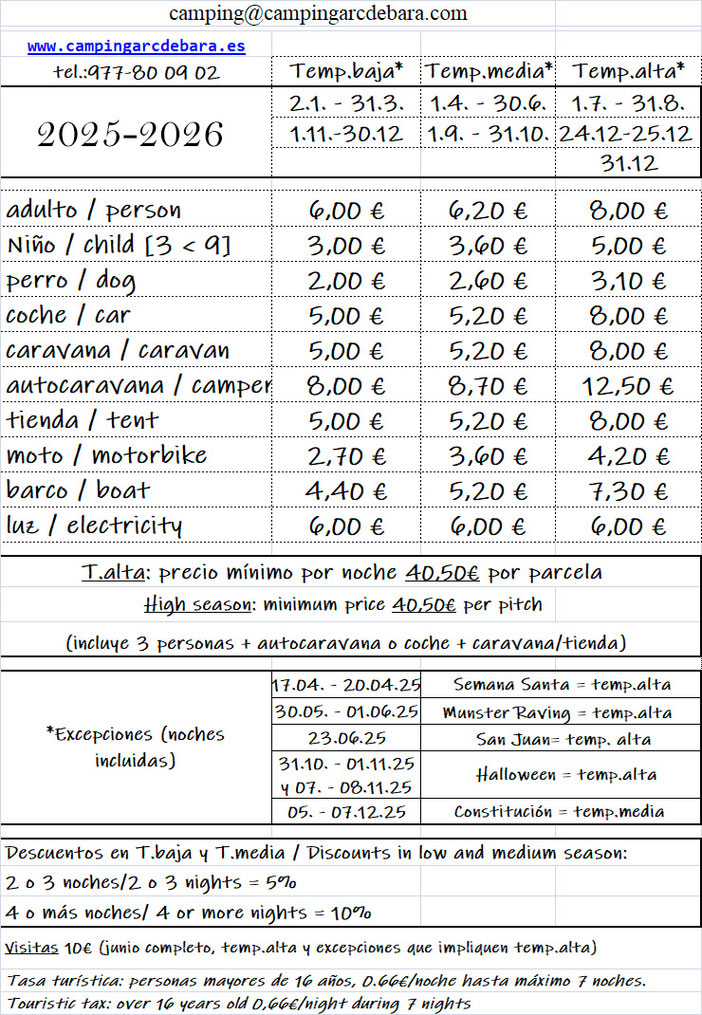 Precios acampada camping 2024 tarragona