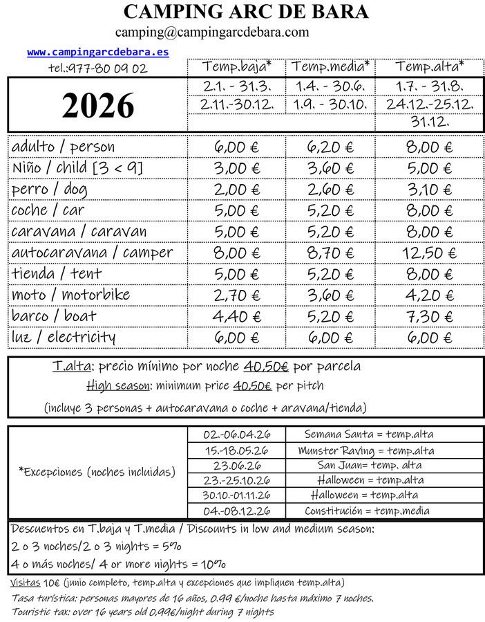 Precios acampada camping 2024 tarragona