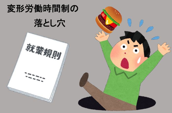 変形労働時間制の落とし穴を示すイラスト。就業規則とシフト管理の不備に戸惑う従業員の様子。
