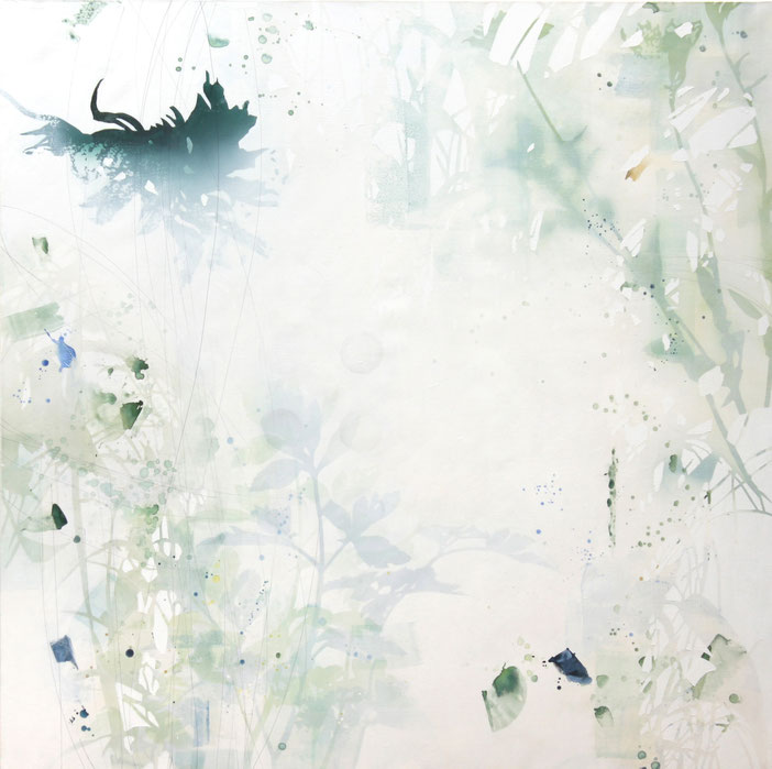 アクリル絵画　透明感　幻想的　植物　ハーブ　ベルガモット　パセリ　ポットマリーゴールド