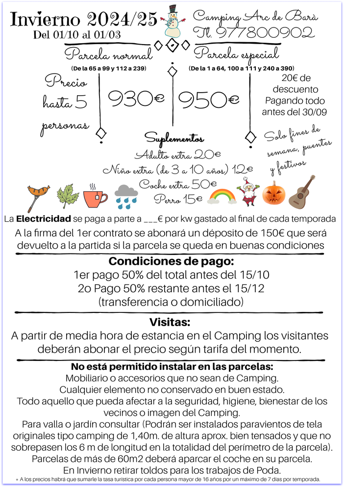 Tarifa camping tarragona 2023 - 2024 parcela temporada invierno otoño