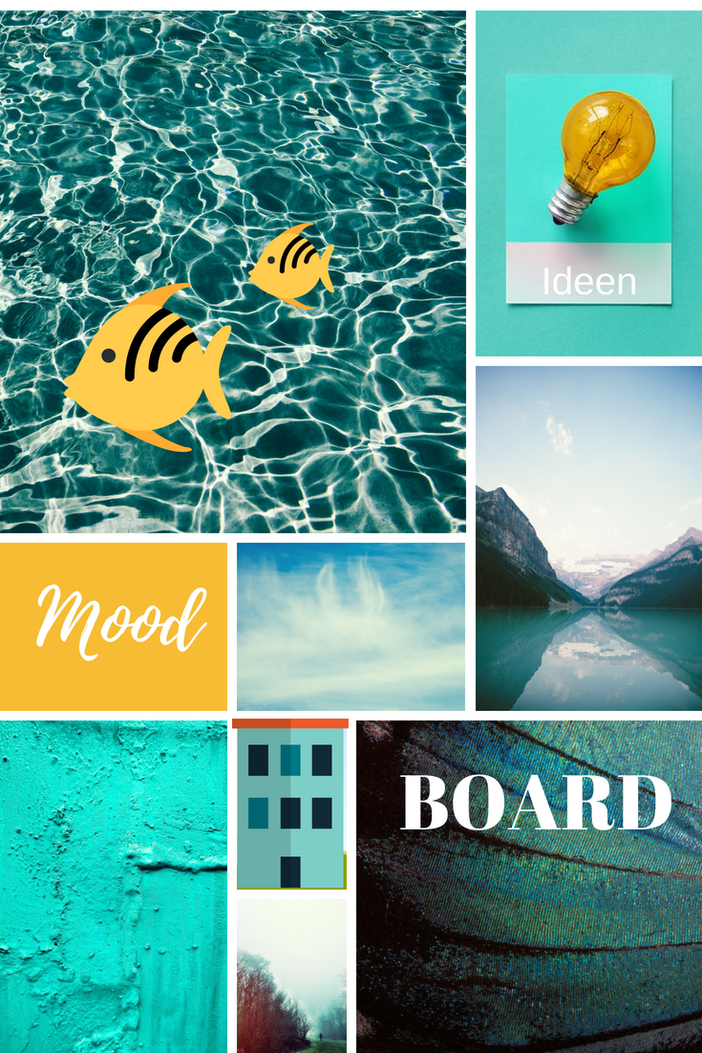 Ein Mood Board mit türkisen Motiven Inspirationen und kreative Wege um Gefühle und Emotionen auszugleichen Integrative Lebenspraxis Berlin Katja Otto freie Therapeuten Lebensberater 