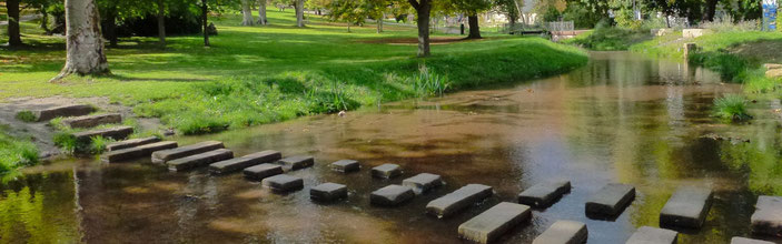 Trittsteine, im Volksmund auch "Ochsenklavier" genannt, überqueren die Isenach im Kurpark Bad Dürkheim. Foto: Stadt Bad Dürkheim