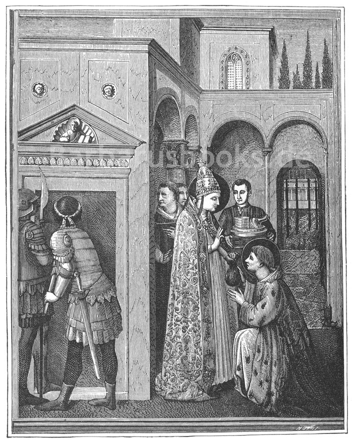 Abb. 266. – Papst Sixtus II. übergibt im Jahr 258 dem heiligen Laurentius den Kirchenschatz zur Verteilung unter den Armen. – Fresko, gemalt von Fra Angelico, in der Kapelle von Nikolaus V. im Vatikan (15. Jahrhundert).