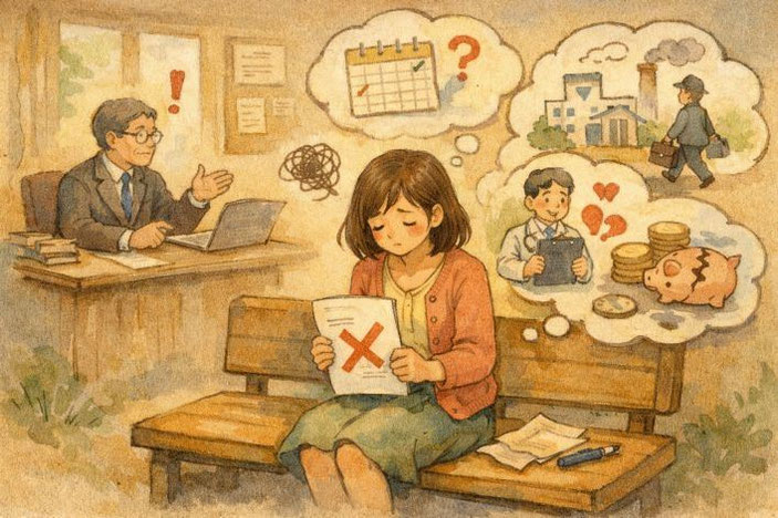 障害年金が不支給と判断されやすい典型的な状況を、書類や生活背景の要素で表したイラスト