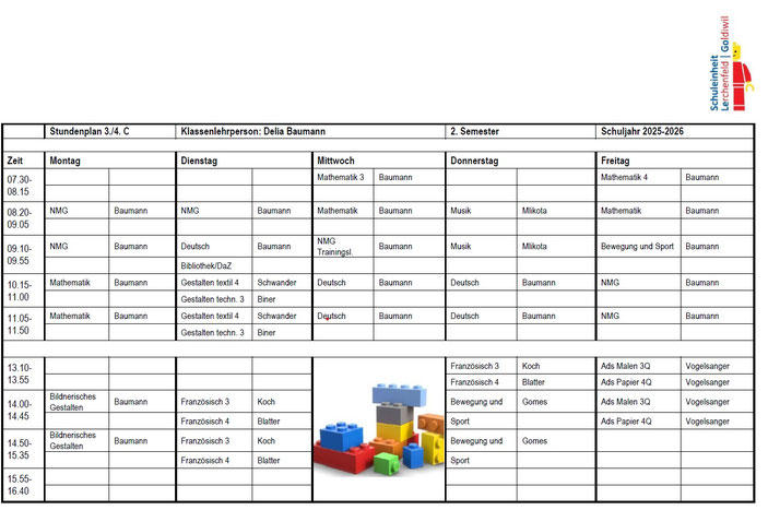 Stundenplan Klasse 3./4.C Schule Lerchenfeld