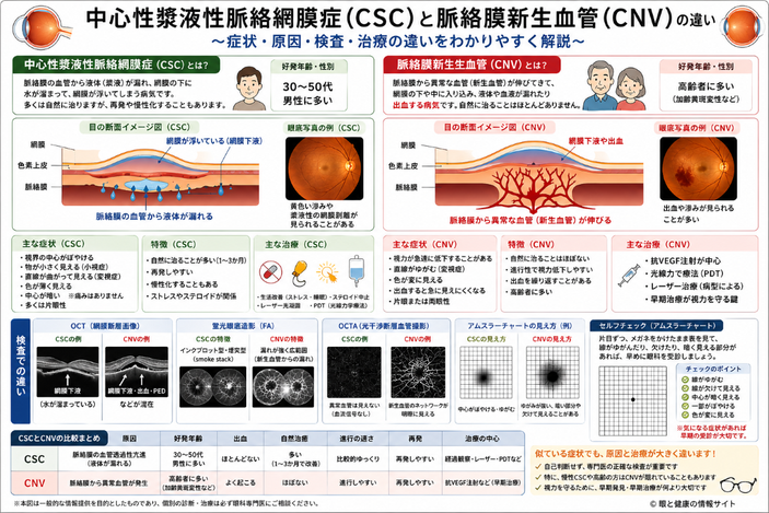 中心性漿液性脈絡網膜症と脈絡膜新生血管の違いイメージ