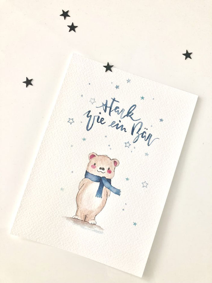 Handlettering mit Aquarell Illustration Bär: stark wie ein Bär (letter_fee für die Letter Lovers)