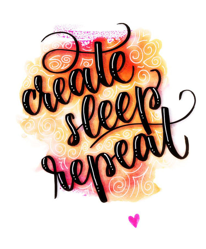 schwarzes Handlettering mit weissen Highlights: create sleep repeat auf farbigem Watercolor Hintergrund (papier.liebe bei den Letter Lovers)