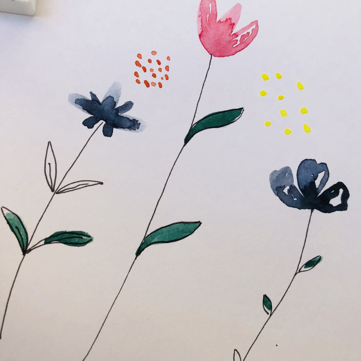 einfache Anleitung für Aquarellblumen - Schritt 3 - mit dem Fineliner Stängel malen