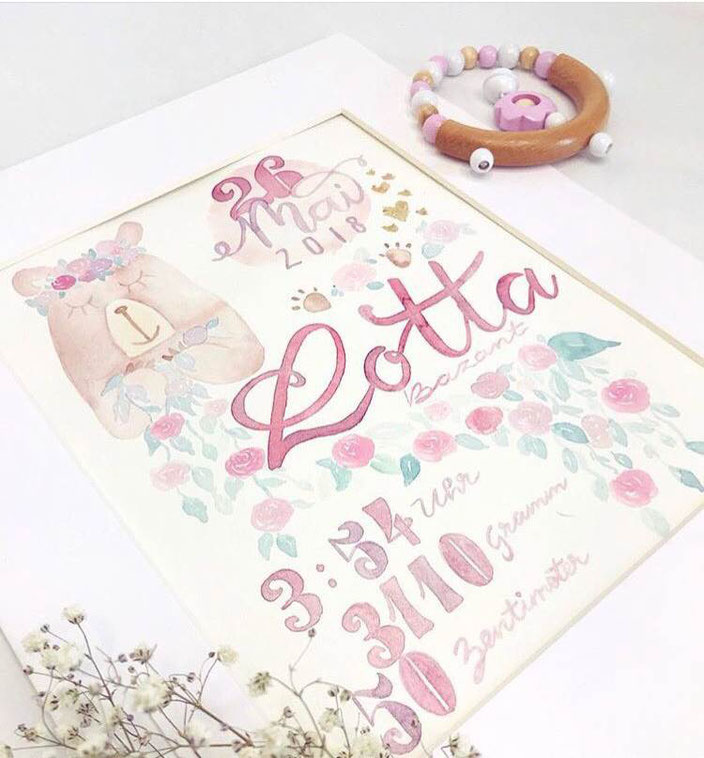 Lotta - eine Watercolor Geburtsanzeige mit Handlettering (von herzens.dame für die Letter Lovers)