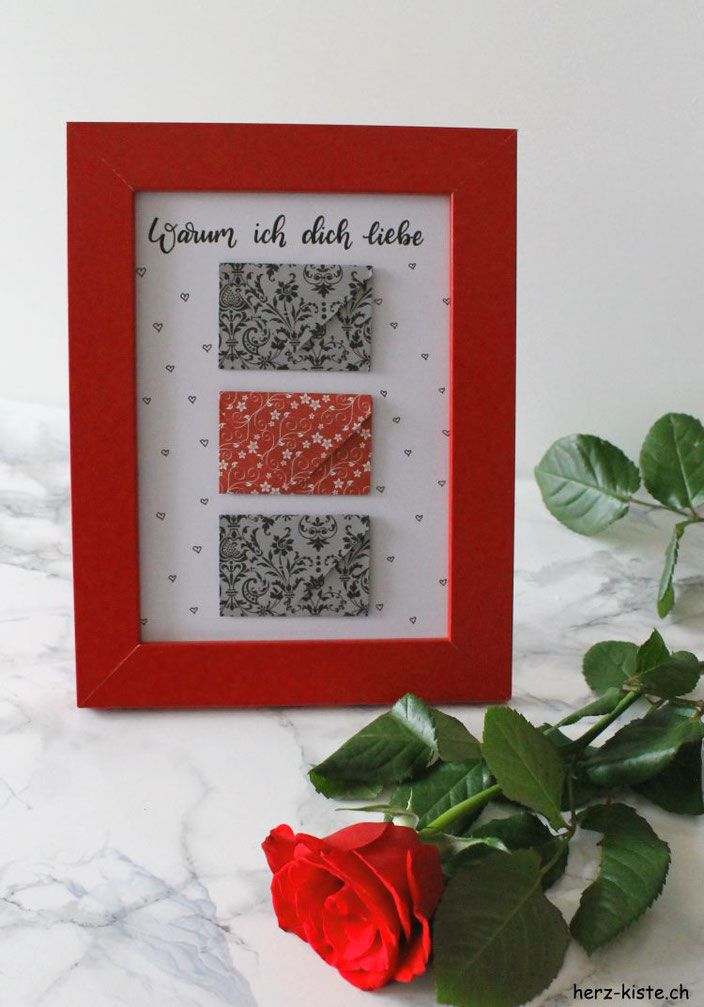 Warum ich dich liebe - ein Geschenk zum Valentinstag mit einem Liebesbrief auf Herz - gefaltet zu einem Briefumschlag