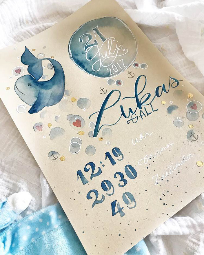 Handlettering Geburtsanzeige mit Watercolor - Lukas (herzens.dame für die Letter Lovers)