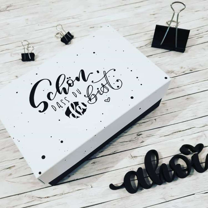 Handlettering auf einer Box - Schön dass du da bist (Lettering von letterling bei den Letter Lovers)