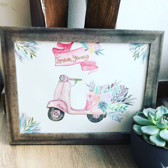 Aquarell Bild Moped mit Blumen - forever young Handlettering (stefanie.teubner bei den Letter Lovers)