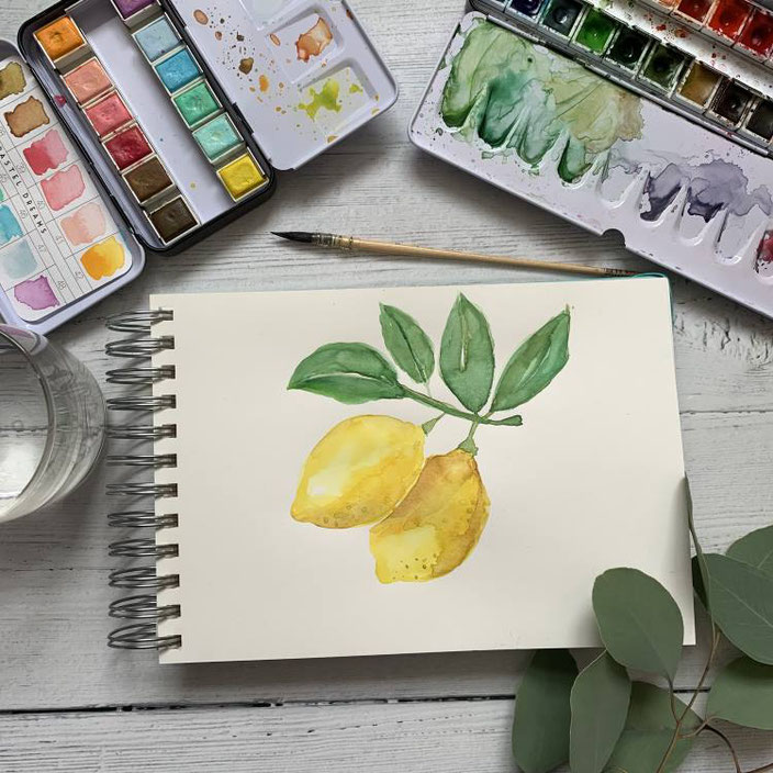 Aquarell Bild: Zitronen mit Blätter