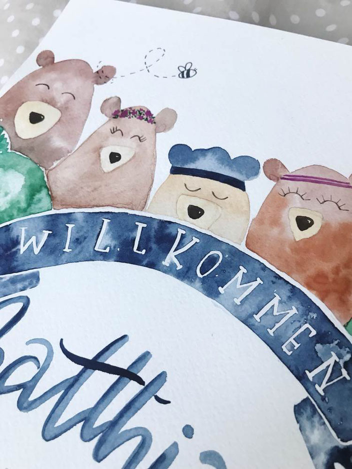 Willkommen Handlettering mit Watercolor Bären (Lettering von herzens.dame für die Letter Lovers)