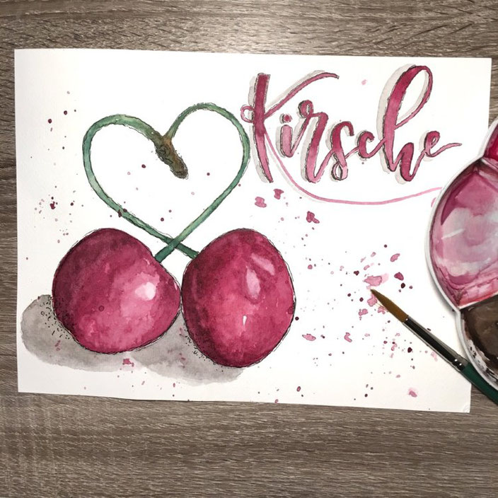 Handlettering mit Aquarell: Kirsche (madi_yellow_freak bei den Letter Lovers)