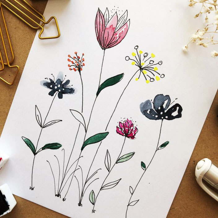 Anleitung für einfach gemalte Aquarellblumen - mit Farben und Fineliner