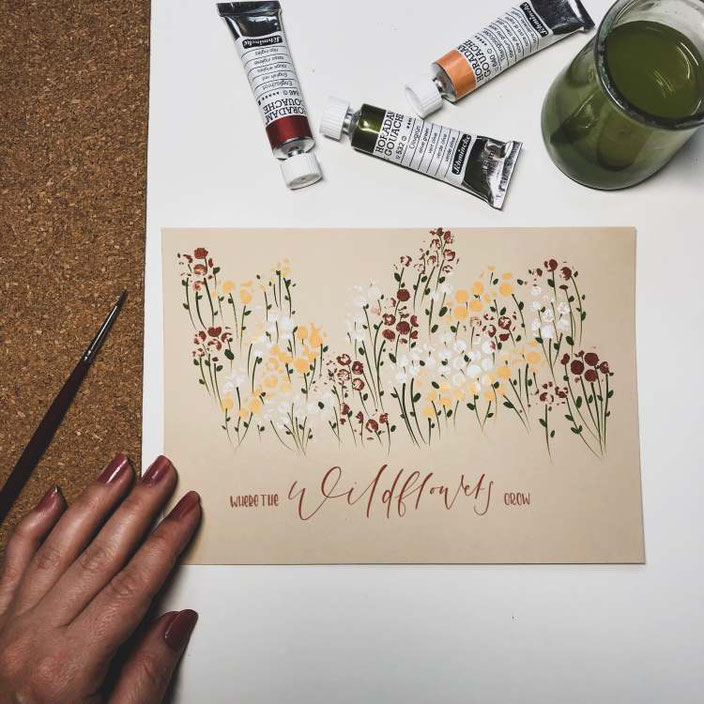 Handlettering: where the wild flowers grow - Bild mit vielen Blumen aus Noppenfolie