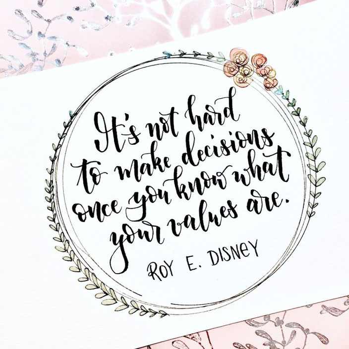 Handlettering mit Kranz: it's not hard to make decisions once you know what your values are. (Lettering von myfancyletters bei den Letter Lovers)