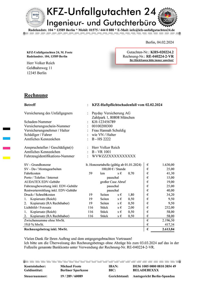 KFZ-Unfallgutachten 24 | Gutachter- und Ingenieurbüro - SV B.Eng. M. Foote - Rechnungsbeispiel