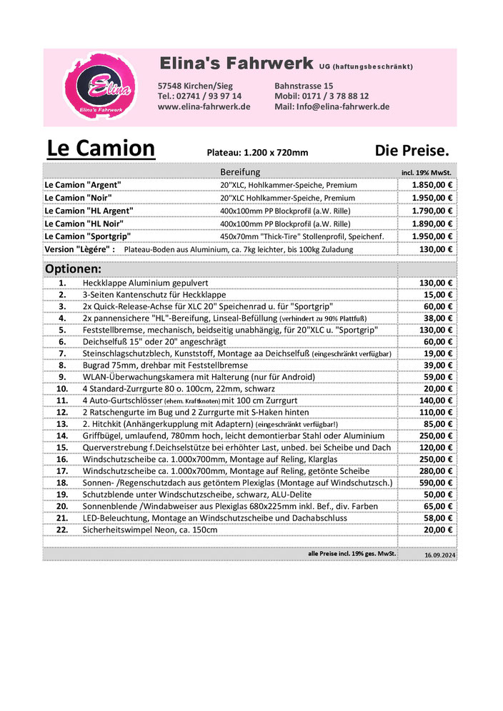Preisliste Modell Le Camion, (nur Richtwerte), bitte von uns ein Angebot erstellen lassen.