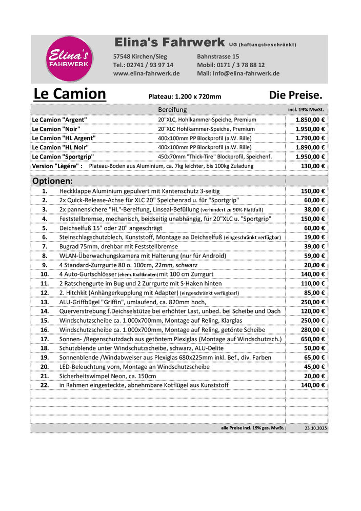 Preisliste Modell Le Camion, (nur Richtwerte), bitte von uns ein Angebot erstellen lassen.