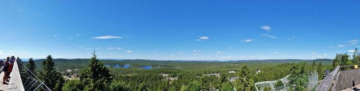 Orsa Bärenpark - Blick von den Aussichtsplattformen über die Gehege und die Seenlandschaft