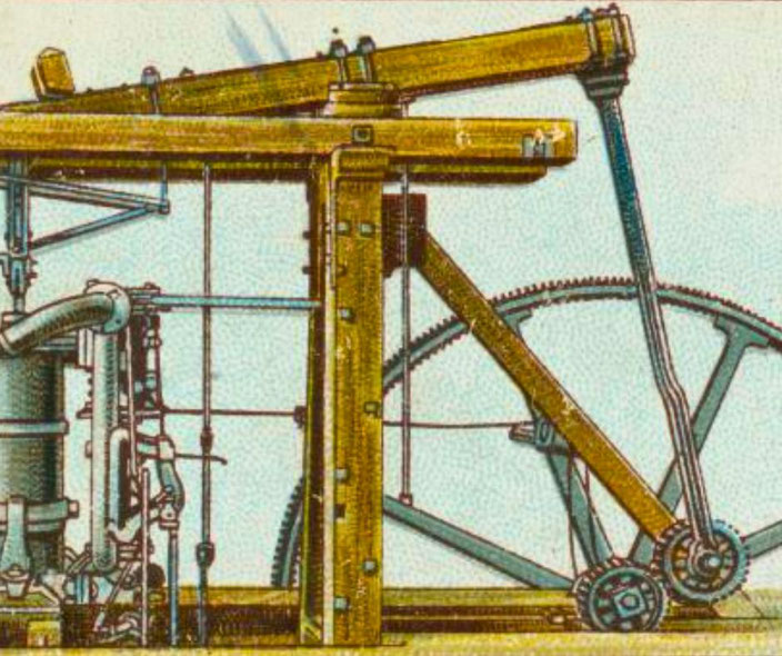 n illustration of James Watt's steam engine, featuring a large beam, piston, flywheel, and mechanical components.