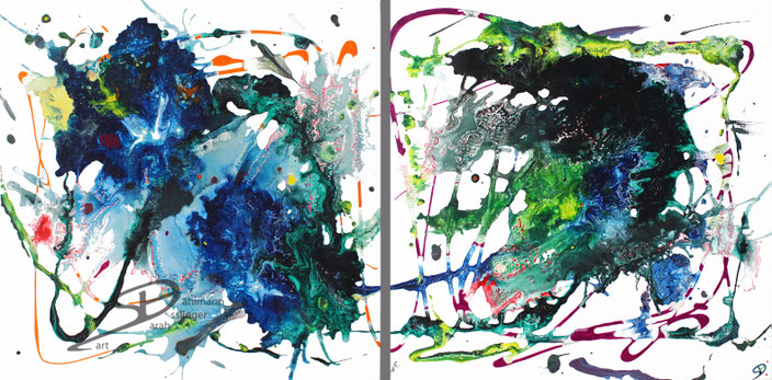 Sarah Esslinger-Dahlmann, Welten (zweiteilig), April 2023, 60 x 60 cm bzw. gesamt 120 x 60 cm, Acrylfarbe, Mischtechnik auf Leinwand, abstraktes, kraftvolles, farbintensives Werk, getrübtes, vergrautes Blau und Grün, als Akzent orange-aubergine Linien