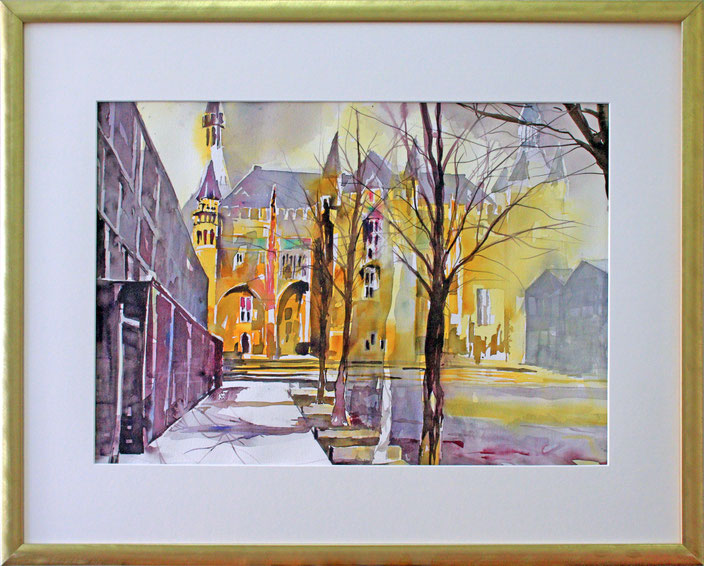 Aachen - Rathaus vom Katschhof (Aquarell), 75 x 60 cm