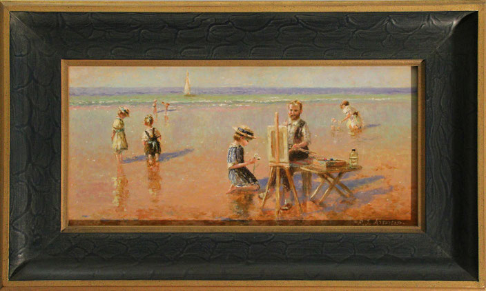 "Maler mit Kindern am Strand", 40 cm x 20 cm