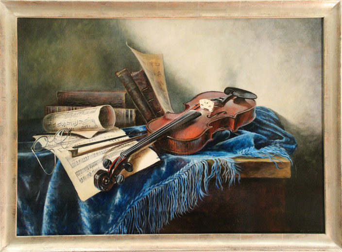 "Altmeister-Stillleben mit Geige", 70 cm x 50 cm