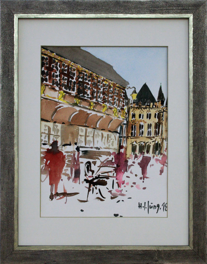 Postwagen am Aachener Markt (Aquarell), 30 x 40 cm
