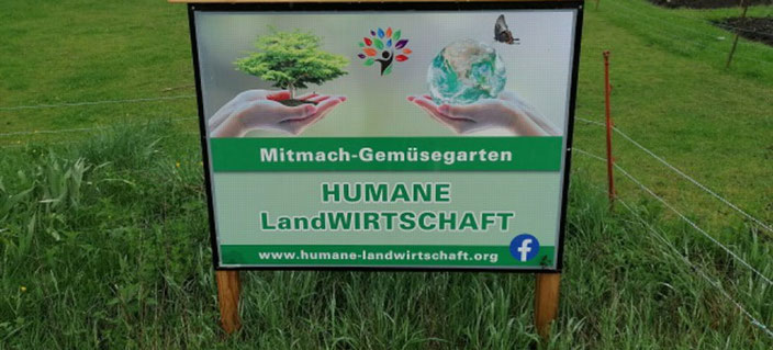 Schild Mitmach-Gemüsegarten ~ HUMANE LandWIRTSCHAFT & Beschreibung des Links für MUT24.me/hulawiwww