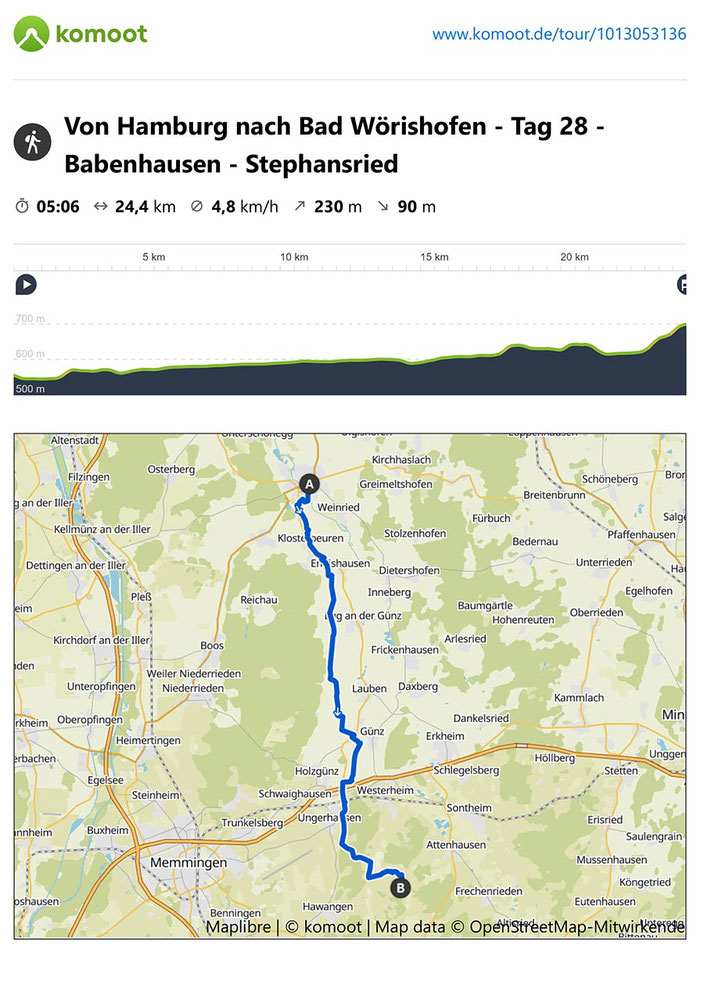 Karte von Komoot für den Weg von Babenhausen nach Stephansried