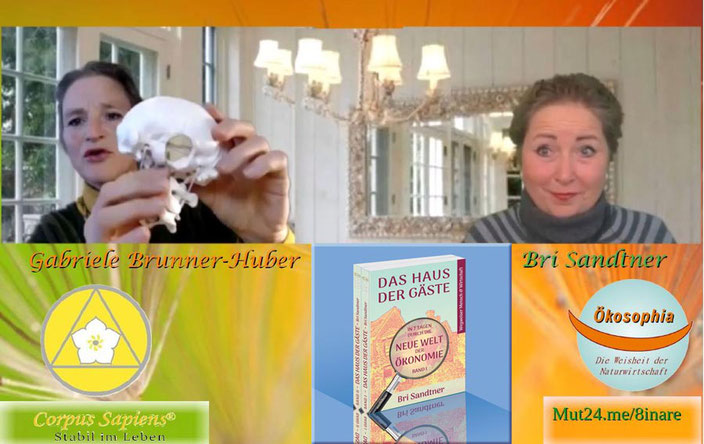 Gabriele Brunner-Huber von Corpus Sapiens® erklärt etwas an einem Schädel im Beisein von Bri Sandtner, die ihre Dilogie - DAS HAUS DER GÄSTE - präsentiert