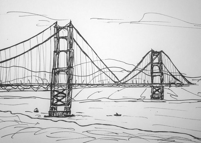 Golden Gate Bridge Handskizze Multiliner 0.7 schwarz weiss copic alkly draft san Francisco SF