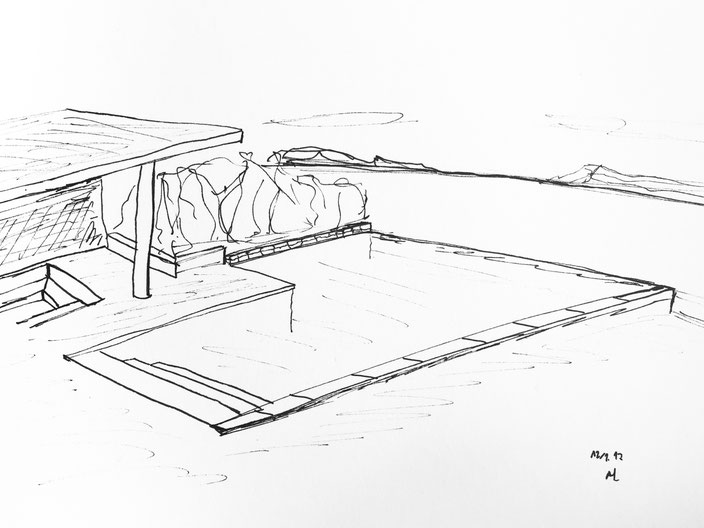 infinity pool handskizze meer blick pen inc schwarz weiss architektur