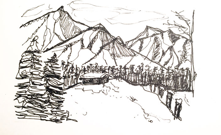 schnee, hütte, gebirge, schwarzweiss, skizze, handgemalt, bäume, wald