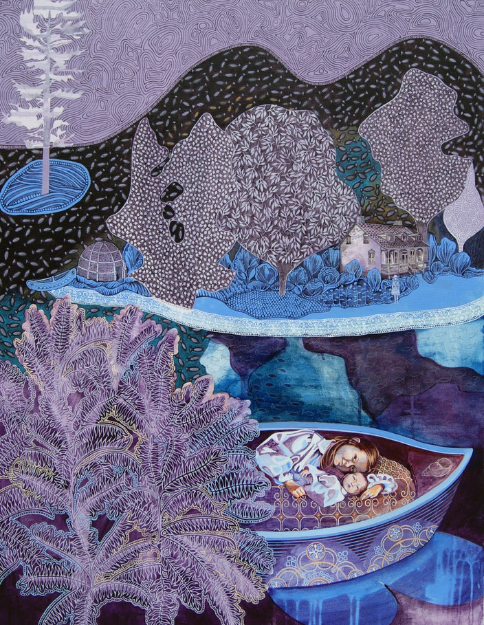 Du lac Saint-Louis au lac des Deux-Montagnes. Acrylique et crayon sur toile, 102 cm x 76 cm, 2017.  Copyright Johanne Bilodeau -----  VENDU