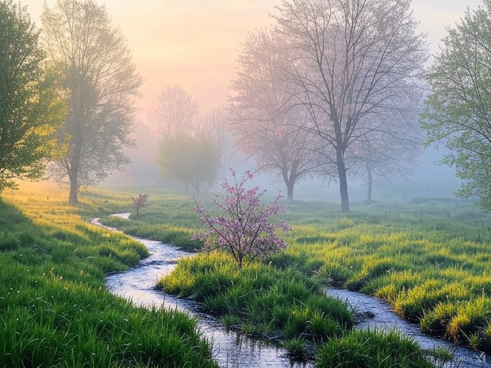 Ein Bach fließt durch eine Graslandschaft mit vereinzelten Bäumen, die blühen. Erstellt mit Grok2.