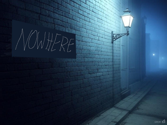 Eine dunkle Straße, eine Laterne an einer Ziegelwand daran ein Schild "NOWHERE". Erstellt mit Grok2.