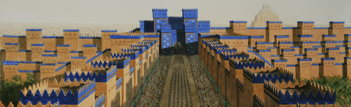 Il.lustració de la entrada al Temple de Marduk amb les portes d'Ishtar al fons